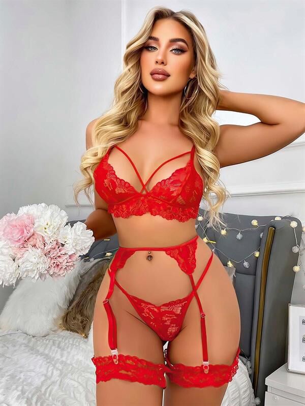 Arias Closet Kırmızı Göğüs İp Detaylı Dantel İşlemeli Fantezi Jartiyer Takımı