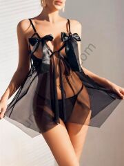 Arias Closet Siyah Göğüsleri Kurdela Detaylı Fantezi Şık Tül Gecelik