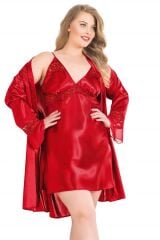 Arias Closet Büyük Beden Kırmızı Kısa İkili Saten Sabahlık Gecelik Takımı