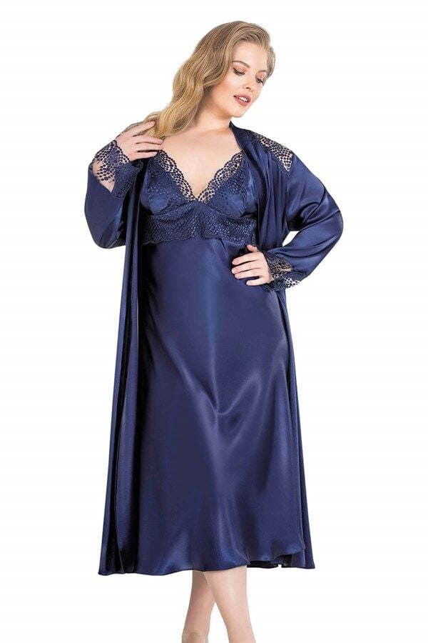 Arias Closet Büyük Beden Lacivert Uzun İkili Saten Sabahlık Gecelik Takımı