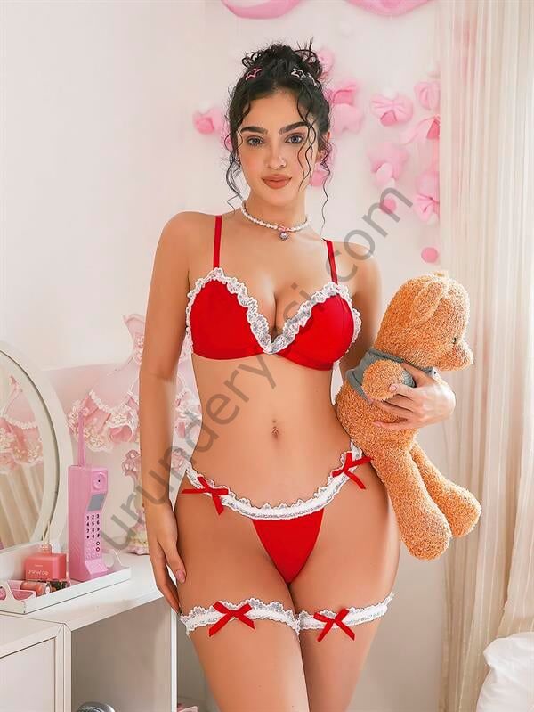 Arias Closet Boyunluklu Bacak Aksesuarlı Kırmızı Fantezi Hizmetçi Kostümü