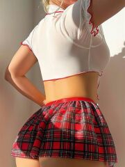 Arias Closet Şık Tasarım Tül Ekose Etekli Üst Kısmı Bağlamalı Fantezi Öğrenci Kostümü