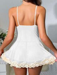 Arias Closet Beyaz Dantel İşlemeli İnce Askılı Likralı Fantezi Tül Gecelik