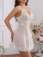 Arias Closet Beyaz Fırfırlı Dantel İşlemeli İnce Askılı Likralı Fantezi Tül Gecelik