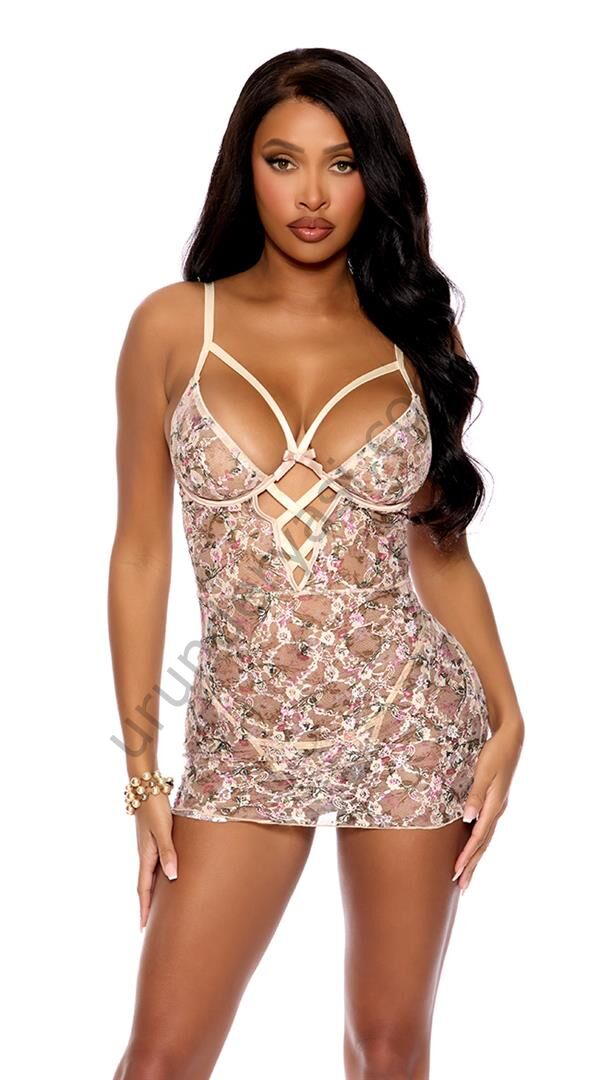 Arias Closet Çiçek Desenli İp Detaylı Tül Fantezi Gecelik