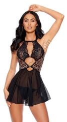 Arias Closet Siyah Leopar Desenli Dantel İşlemeli Tül Fantezi Gecelik