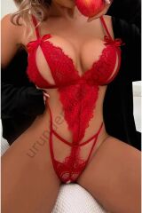 Arias Closet Fiyonklu Dantelli Kırmızı Fantezi Body