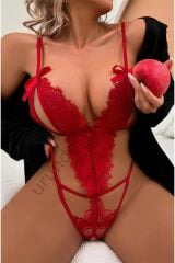 Arias Closet Fiyonklu Dantelli Kırmızı Fantezi Body