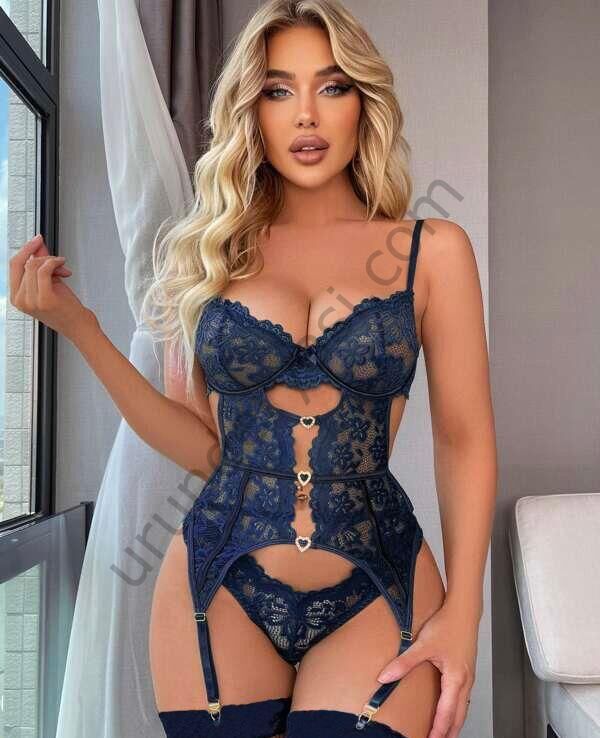 Arias Closet Kalp Aksesuarlı Dantelli Fantezi Mavi Jartiyer Takım