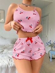 Arias Closet Pembe Kiraz Desenli Askılı Şortlu Pijama