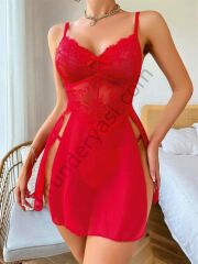 Arias Closet Kırmızı Dantel İşlemeli Fiyonk Detaylı Yanları Dekolteli Fantezi Gecelik