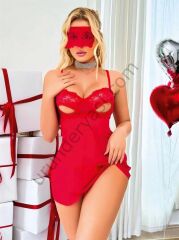 Arias Closet Kırmızı Göğüs Dekolteli Göz Bantlı Fantezi String Tül Gecelik Takımı