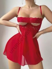 Arias Closet Kırmızı Dantel İşlemeli Göğüs Dekolteli Fantezi String Tül Gecelik Takımı