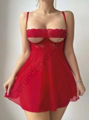 Arias Closet Kırmızı Dantel İşlemeli Göğüs Dekolteli Fantezi String Tül Gecelik Takımı