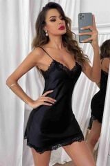 Arias Closet Siyah Dantel İşlemeli İnce Askılı Fantezi Saten Gecelik