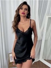 Arias Closet Siyah Dantel İşlemeli İnce Askılı Fantezi Saten Gecelik