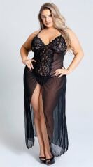 Arias Closet Büyük Beden Dantel İşlemeli Uzun Yırtmaçlı Fantezi Tül Gecelik