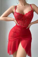 Arias Closet Özel Tasarım Kırmızı Dantel İşlemeli Korse Görünümlü Önden Büzgülü Fantezi Tül Gecelik