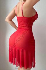 Arias Closet Özel Tasarım Kırmızı Dantel İşlemeli Korse Görünümlü Önden Büzgülü Fantezi Tül Gecelik