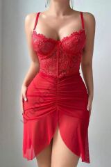 Arias Closet Özel Tasarım Kırmızı Dantel İşlemeli Korse Görünümlü Önden Büzgülü Fantezi Tül Gecelik
