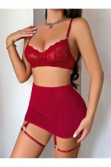 Transparan Kırmızı Dantel İşlemeli Fantezi Bacak Bantlı Etekli Jartiyer Takımı