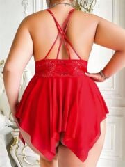 Arias Closet Büyük Beden Dantel İşlemeli Fırfırlı Dekolteli Fantezi Tül Kırmızı Gecelik