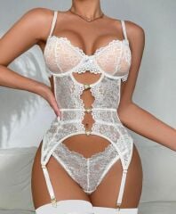 Arias Closet Kalp Aksesuarlı Dantelli Fantezi Beyaz Jartiyer Takım