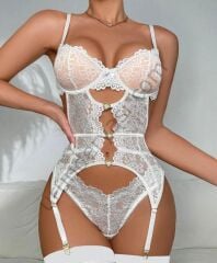 Arias Closet Kalp Aksesuarlı Dantelli Fantezi Beyaz Jartiyer Takım