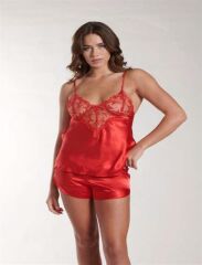 Arias Closet Kırmızı Dantel Detaylı İnce Askılı Saten Şortlu Takım