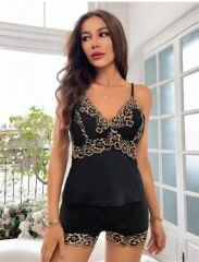 Arias Closet Sarı Dantel İşlemeli Siyah İnce Askılı Saten Şortlu Takım