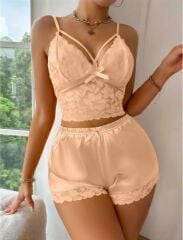 Arias Closet Sarı Dantelli Büstiyer İnce Askılı Saten Şortlu Takım