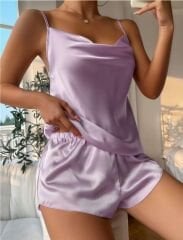 Arias Closet Lila İnce Askılı Saten Şortlu Takım