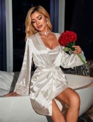 Arias Closet Dantel İşlemeli İnce Askılı Beyaz Saten 2'li Gecelik Sabahlık Takımı