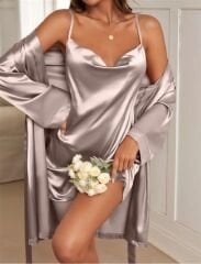 Arias Closet Degajeli İnce Askılı Vizon Saten 2'li Gecelik Sabahlık Takımı