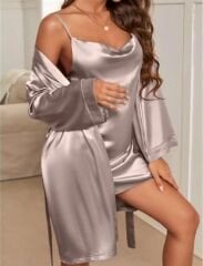 Arias Closet Degajeli İnce Askılı Vizon Saten 2'li Gecelik Sabahlık Takımı