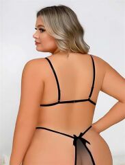 Arias Closet Büyük Beden Siyah Dantel İşlemeli Dekolteli Fantezi Babydoll