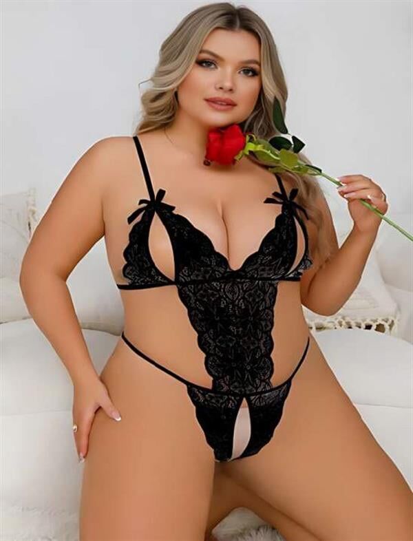 Arias Closet Büyük Beden Siyah Dantel İşlemeli Dekolteli Fantezi Babydoll