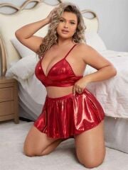 Arias Closet Büyük Beden Kırmızı Deri Etekli Fantezi Kostüm