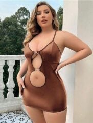 Arias Closet Büyük Beden Kahverengi Deri Metal Aksesuarlı Fantezi Elbise