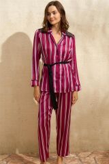 Saten Çizgili Düğmeli Uzun Kol Dantelli Gömlek ve Pantolon Pijama Takım