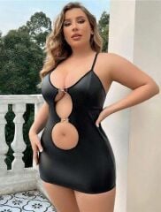 Arias Closet Büyük Beden Siyah Deri Metal Aksesuarlı Fantezi Elbise