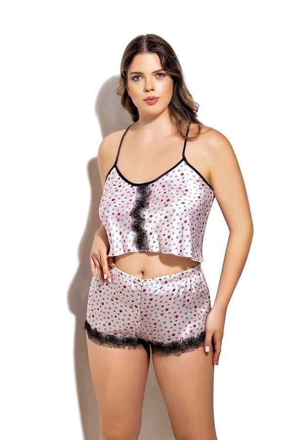 Arias Closet Öpücük Desenli Fantezi Büyük Beden Şortlu Saten Takım