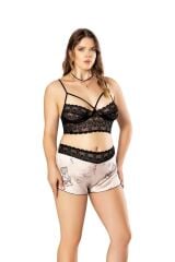 Arias Closet Büyük Beden Altı Şirin Desenli Üstü Dantel Fantezi Şortlu Saten Gecelik