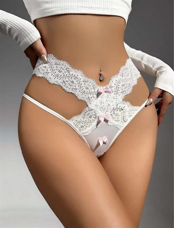 Arias Closet Beyaz Pembe Kurdelalı Dantelli Fantezi String Tanga