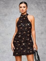 Arias Closet Özel Tasarım Gümüş Işıltılı Sırt Dekolteli Fantezi Mini Club Elbisesi