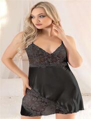 Arias Closet Siyah Dantel İşlemeli İnce Askılı Saten Kısa Fantezi Gecelik
