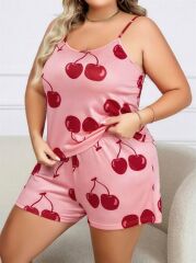 Arias Closet Büyük Beden Pembe Kiraz Desen İnce Askılı Pamuklu Şortlu Pijama Takımı