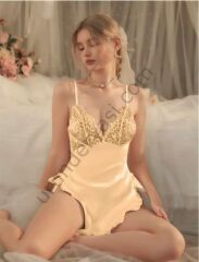 Arias Closet Sarı Dantel Detaylı İnce Askılı Saten Kısa Fantezi Gecelik