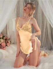 Arias Closet Sarı Dantel Detaylı İnce Askılı Saten Kısa Fantezi Gecelik