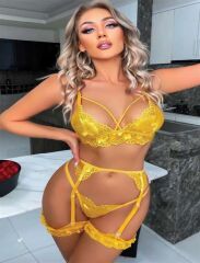 Arias Closet Sarı Göğüs İp Detaylı Fantezi Jartiyer Takım